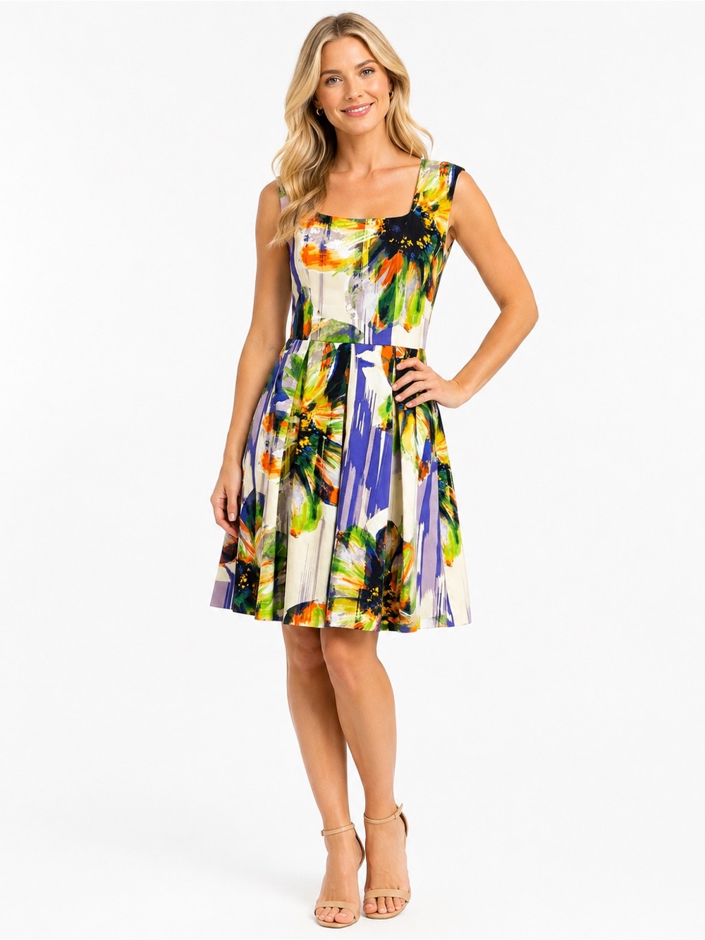 London Times Size 8 Abstract Floral Fit Flare Dress Square Neck Multicolor Midi